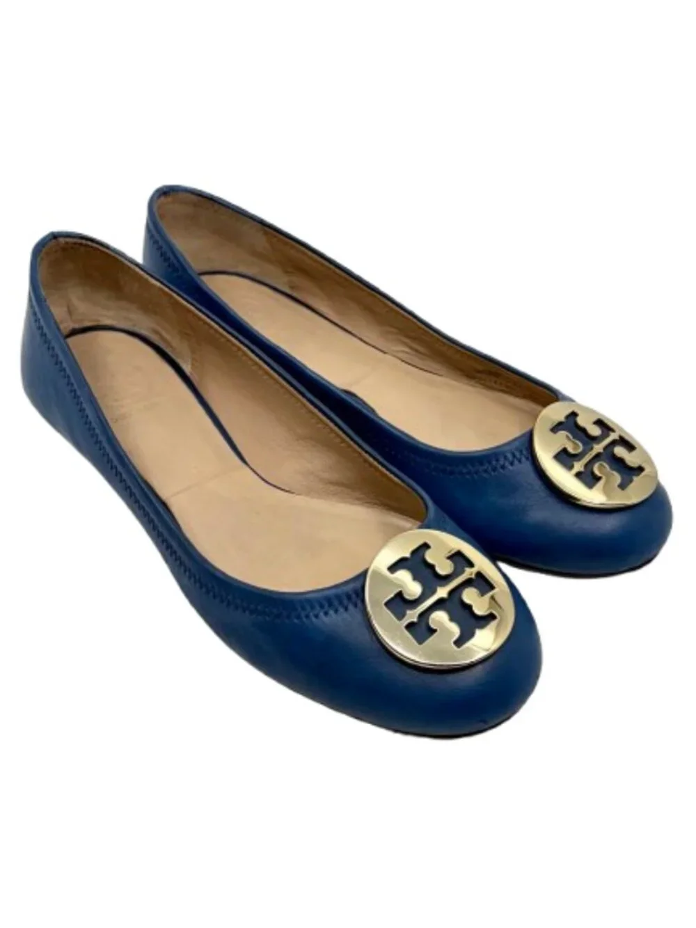TORY BURCH~Gold Reva Logo~BALLET FLATS SHOES~BLUE NAPA LEATHER Size 8